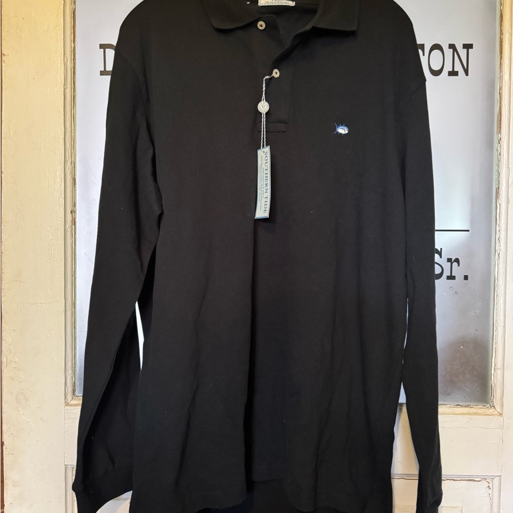 Southern Tide Black Long Sleeve Polo with Blue Fish Logo Skipjack Polo